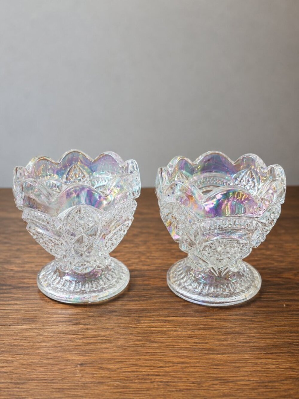 L.E. Smith Imperial Mold White Iridescent Carnival Glass Pedestal Bowl- set of 2